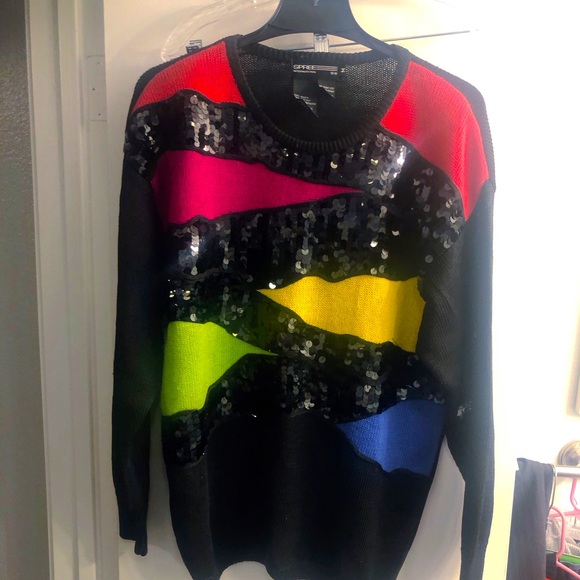 Spree International Vintage 1990’s Vivid Multicolored Sequined Crewneck Sweater - Picture 1 of 16